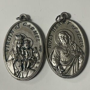 Silver Tone Set of 2 Religious Medals Virgin of Carmel Holy Heart of Jesus Italy